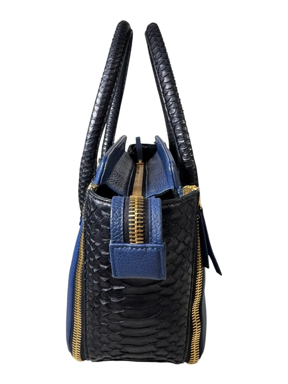 Paige Gamble Blakeley Blue Leather Black Python Exotic Zipper Satchel Tote Bag